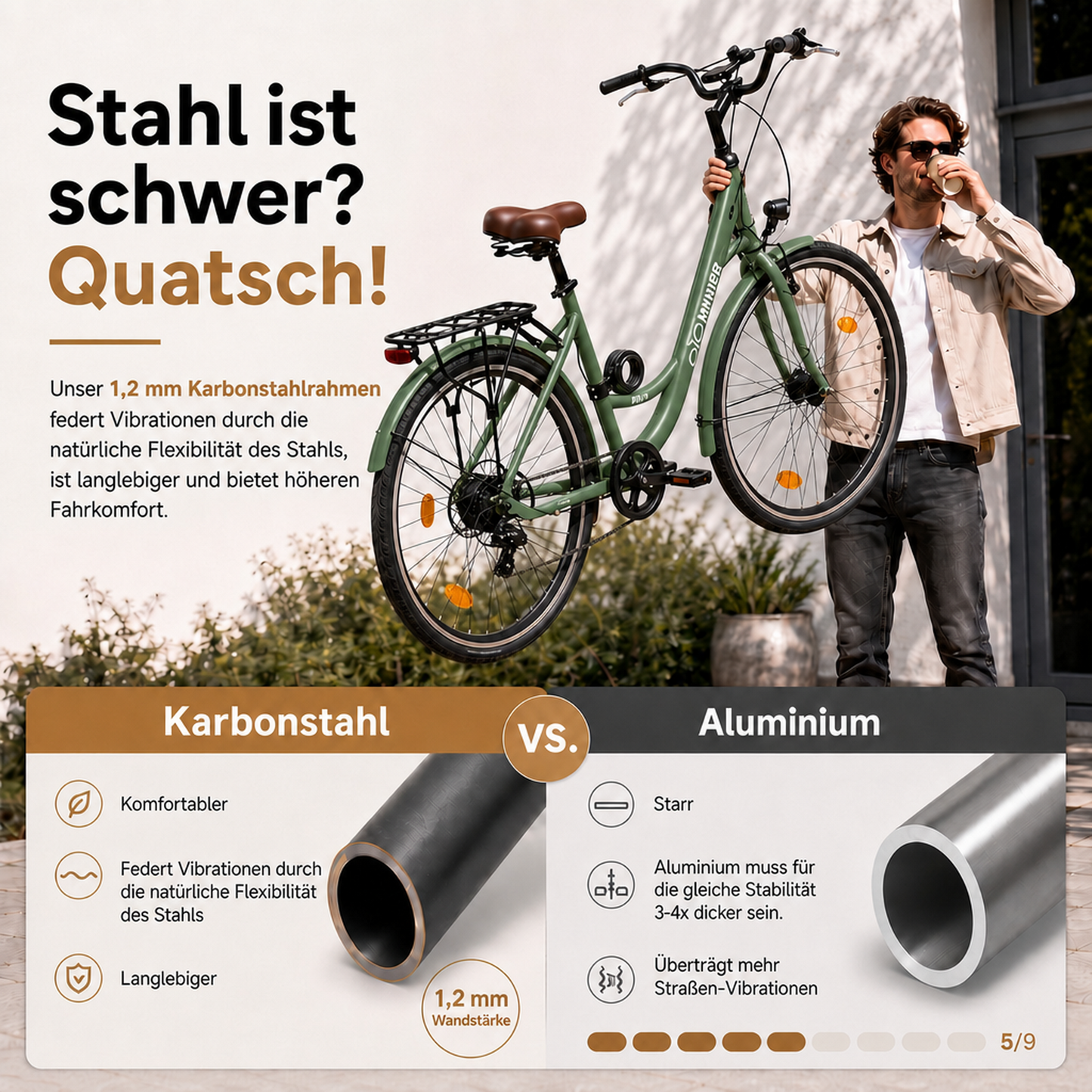 oToMUNICH Plus Olive Green 28 Zoll Fahrrad, Shimano 7-Gang, City-Bike, Tiefeinsteiger mit Stahlrahmen, Nabendynamo 60 Lux LED Frontlicht, mit Tracker, Fahrradcomputer, Handyhalterung und Gepäckträger