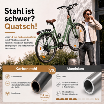 oToMUNICH Plus Olive Green 28 Zoll Fahrrad, Shimano 7-Gang, City-Bike, Tiefeinsteiger mit Stahlrahmen, Nabendynamo 60 Lux LED Frontlicht, mit Tracker, Fahrradcomputer, Handyhalterung und Gepäckträger