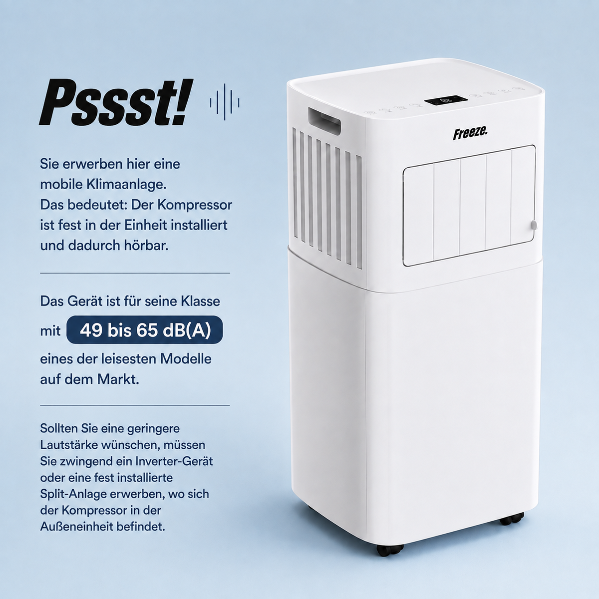 Freeze Mobile Klimaanlage Weiß – Monoblock-Klimagerät mit LED-Display & Fernbedienung, Timer und Sleep‑Modus, verstellbarer Luftauslass, Kindersicherung, Rollen, inkl. Abluftschlauch & Fensterkit