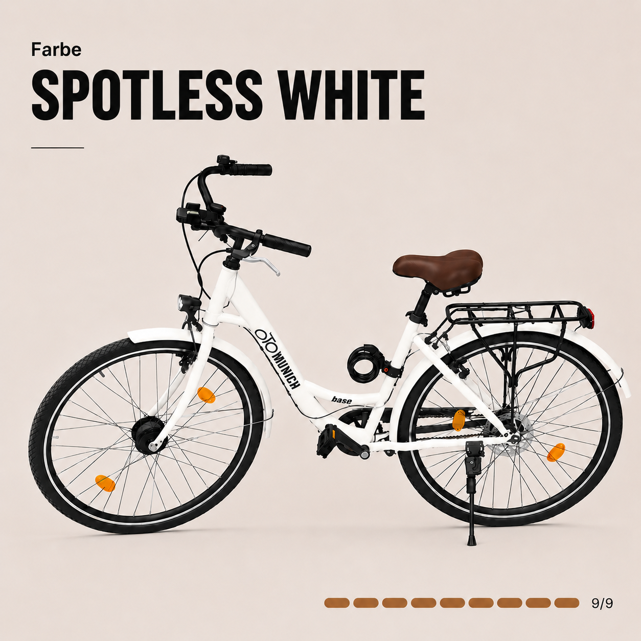 oToMUNICH Base Spotless White 28 Zoll Fahrrad, Single Speed, City-Bike, Tiefeinsteiger mit Stahlrahmen, Nabendynamo 60 Lux LED Frontlicht, mit Tracker, Fahrradcomputer, Handyhalterung und Gepackträger
