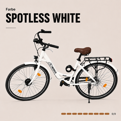 oToMUNICH Base Spotless White 28 Zoll Fahrrad, Single Speed, City-Bike, Tiefeinsteiger mit Stahlrahmen, Nabendynamo 60 Lux LED Frontlicht, mit Tracker, Fahrradcomputer, Handyhalterung und Gepackträger