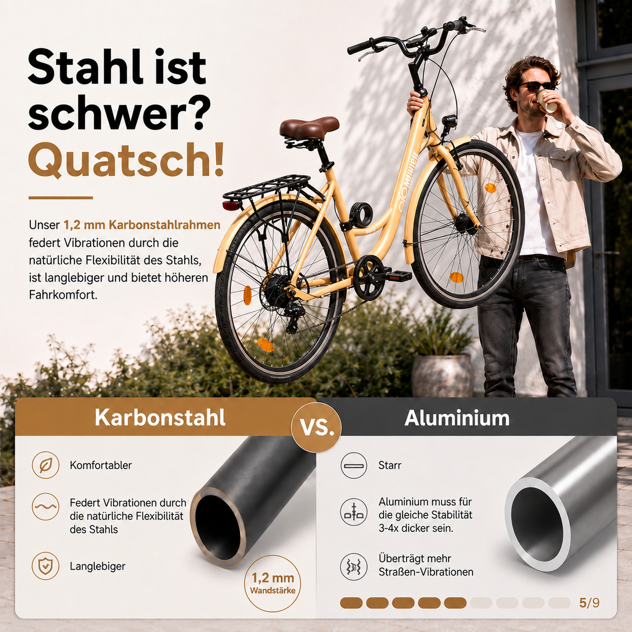 oToMUNICH Plus Sunset Beige 28 Zoll Fahrrad, Shimano 7-Gang, City-Bike, Tiefeinsteiger mit Stahlrahmen, Nabendynamo 60 Lux LED Frontlicht, mit Tracker, Fahrradcomputer, Handyhalterung und Gepäckträger