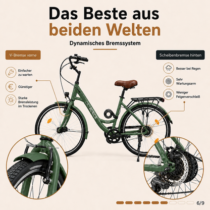 oToMUNICH Plus Olive Green 28 Zoll Fahrrad, Shimano 7-Gang, City-Bike, Tiefeinsteiger mit Stahlrahmen, Nabendynamo 60 Lux LED Frontlicht, mit Tracker, Fahrradcomputer, Handyhalterung und Gepäckträger