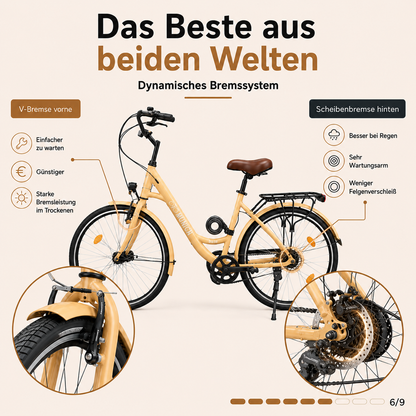 oToMUNICH Plus Sunset Beige 28 Zoll Fahrrad, Shimano 7-Gang, City-Bike, Tiefeinsteiger mit Stahlrahmen, Nabendynamo 60 Lux LED Frontlicht, mit Tracker, Fahrradcomputer, Handyhalterung und Gepäckträger