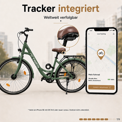 oToMUNICH Plus Olive Green 28 Zoll Fahrrad, Shimano 7-Gang, City-Bike, Tiefeinsteiger mit Stahlrahmen, Nabendynamo 60 Lux LED Frontlicht, mit Tracker, Fahrradcomputer, Handyhalterung und Gepäckträger