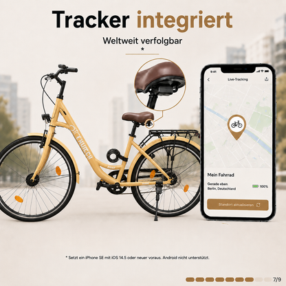 oToMUNICH Plus Sunset Beige 28 Zoll Fahrrad, Shimano 7-Gang, City-Bike, Tiefeinsteiger mit Stahlrahmen, Nabendynamo 60 Lux LED Frontlicht, mit Tracker, Fahrradcomputer, Handyhalterung und Gepäckträger