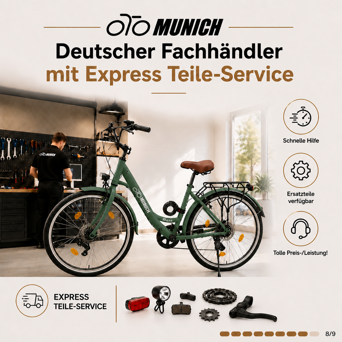 oToMUNICH Plus Olive Green 28 Zoll Fahrrad, Shimano 7-Gang, City-Bike, Tiefeinsteiger mit Stahlrahmen, Nabendynamo 60 Lux LED Frontlicht, mit Tracker, Fahrradcomputer, Handyhalterung und Gepäckträger
