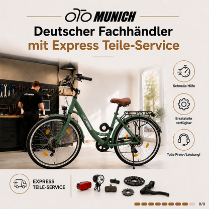 oToMUNICH Plus Olive Green 28 Zoll Fahrrad, Shimano 7-Gang, City-Bike, Tiefeinsteiger mit Stahlrahmen, Nabendynamo 60 Lux LED Frontlicht, mit Tracker, Fahrradcomputer, Handyhalterung und Gepäckträger