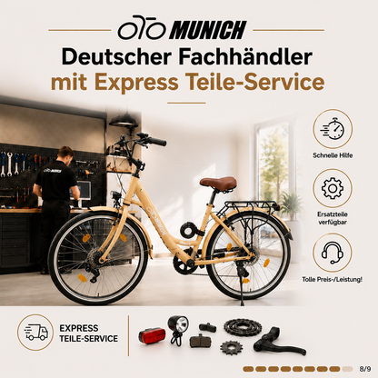 oToMUNICH Plus Sunset Beige 28 Zoll Fahrrad, Shimano 7-Gang, City-Bike, Tiefeinsteiger mit Stahlrahmen, Nabendynamo 60 Lux LED Frontlicht, mit Tracker, Fahrradcomputer, Handyhalterung und Gepäckträger