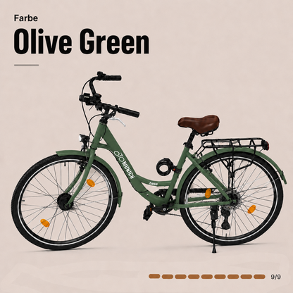 oToMUNICH Plus Olive Green 28 Zoll Fahrrad, Shimano 7-Gang, City-Bike, Tiefeinsteiger mit Stahlrahmen, Nabendynamo 60 Lux LED Frontlicht, mit Tracker, Fahrradcomputer, Handyhalterung und Gepäckträger