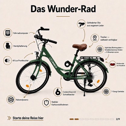 oToMUNICH Plus Olive Green 28 Zoll Fahrrad, Shimano 7-Gang, City-Bike, Tiefeinsteiger mit Stahlrahmen, Nabendynamo 60 Lux LED Frontlicht, mit Tracker, Fahrradcomputer, Handyhalterung und Gepäckträger
