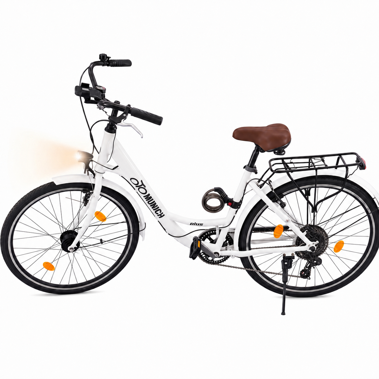 oToMUNICH Plus Spotless White 28 Zoll Fahrrad, Shimano 7-Gang City-Bike Tiefeinsteiger mit Stahlrahmen, Nabendynamo 60 Lux LED Frontlicht, mit Tracker, Fahrradcomputer, Handyhalterung und Gepäckträger