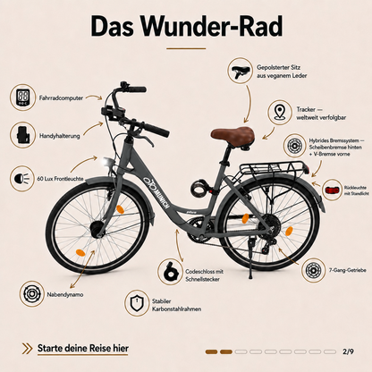 oToMUNICH Plus Boring Grey 28 Zoll Fahrrad, Shimano 7-Gang, City-Bike, Tiefeinsteiger mit Stahlrahmen, Nabendynamo 60 Lux LED Frontlicht, mit Tracker, Fahrradcomputer, Handyhalterung und Gepäckträger