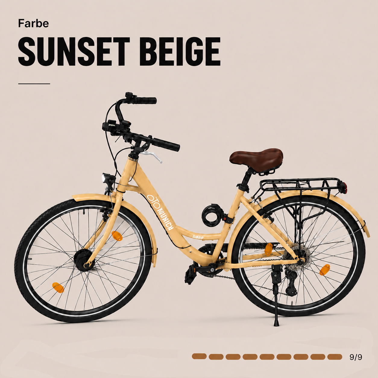oToMUNICH Plus Sunset Beige 28 Zoll Fahrrad, Shimano 7-Gang, City-Bike, Tiefeinsteiger mit Stahlrahmen, Nabendynamo 60 Lux LED Frontlicht, mit Tracker, Fahrradcomputer, Handyhalterung und Gepäckträger