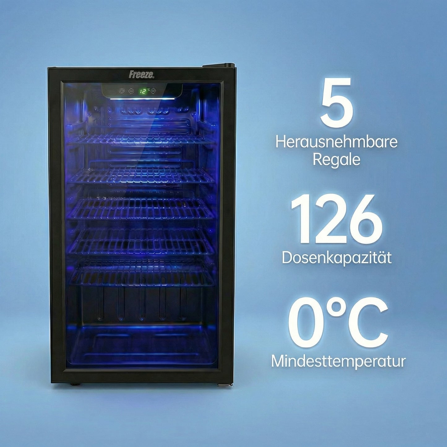 Freeze. 90L Getränkekühlschrank, Mini-Kühlschrank für 126 Dosen, Glastürkühlschrank, Weinkühler, kleiner Kühlschrank mit Glastür und verstellbaren Regalen für Zuhause/Bar/Büro, frostfrei, Schwarz