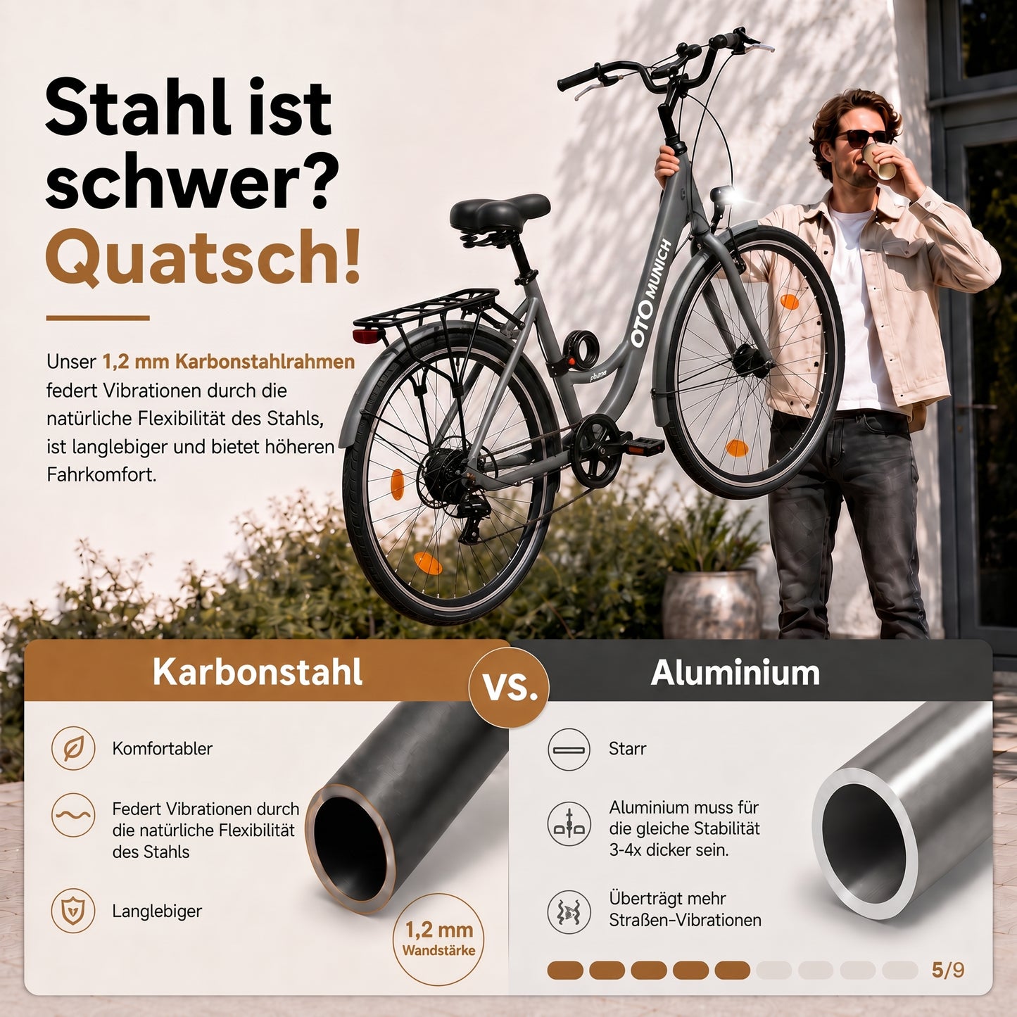 oToMUNICH Plus Boring Grey 28 Zoll Fahrrad, Shimano 7-Gang, City-Bike, Tiefeinsteiger mit Stahlrahmen, Nabendynamo 60 Lux LED Frontlicht, mit Tracker, Fahrradcomputer, Handyhalterung und Gepäckträger