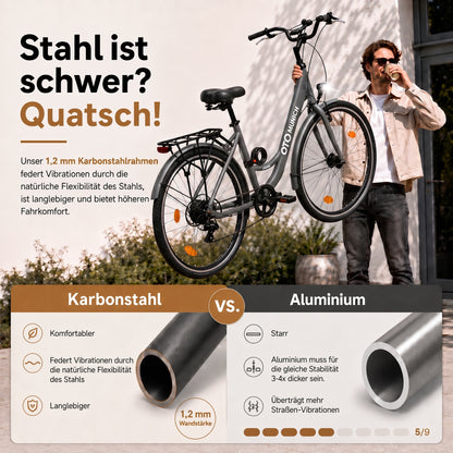 oToMUNICH Plus Boring Grey 28 Zoll Fahrrad, Shimano 7-Gang, City-Bike, Tiefeinsteiger mit Stahlrahmen, Nabendynamo 60 Lux LED Frontlicht, mit Tracker, Fahrradcomputer, Handyhalterung und Gepäckträger