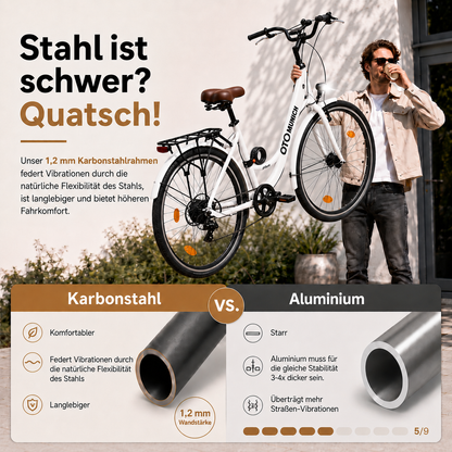 oToMUNICH Plus Spotless White 28 Zoll Fahrrad, Shimano 7-Gang City-Bike Tiefeinsteiger mit Stahlrahmen, Nabendynamo 60 Lux LED Frontlicht, mit Tracker, Fahrradcomputer, Handyhalterung und Gepäckträger