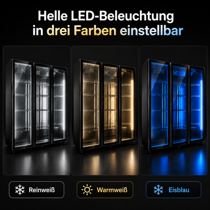 FREEZE. OneTwoFifty A Getränkekühlschrank mit Glastür & LED-Beleuchtung - Flaschenkühlschrank mit 1100L Kapazität, Aluminiumrahmen, Bierkühlschrank, Auto-Abtauung, 4 bis +10 °C