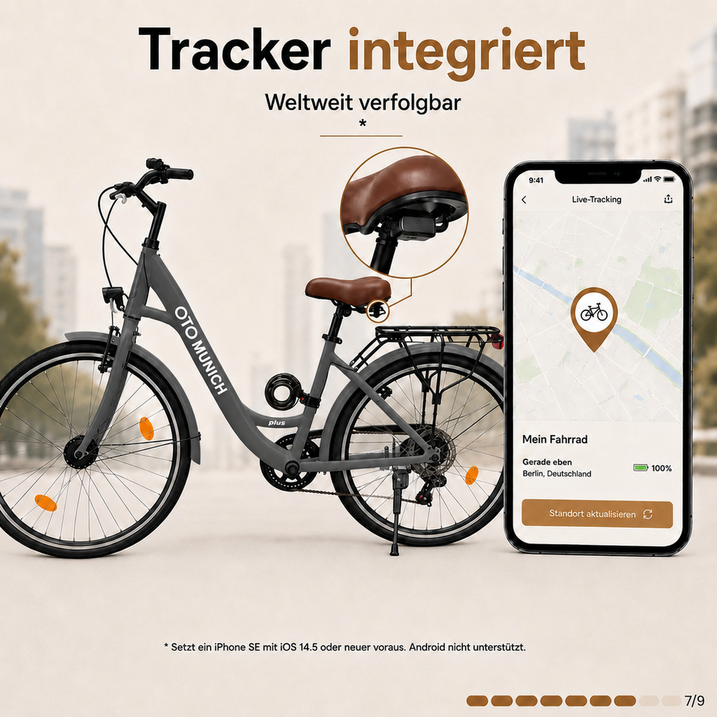 oToMUNICH Plus Boring Grey 28 Zoll Fahrrad, Shimano 7-Gang, City-Bike, Tiefeinsteiger mit Stahlrahmen, Nabendynamo 60 Lux LED Frontlicht, mit Tracker, Fahrradcomputer, Handyhalterung und Gepäckträger