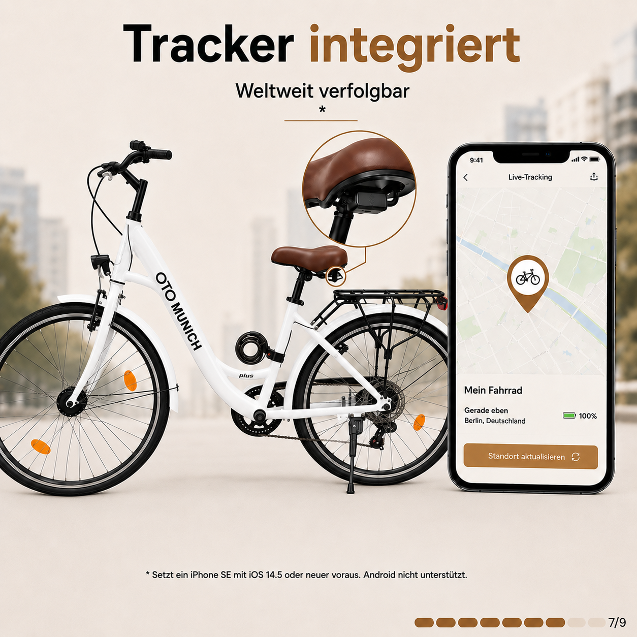 oToMUNICH Plus Spotless White 28 Zoll Fahrrad, Shimano 7-Gang City-Bike Tiefeinsteiger mit Stahlrahmen, Nabendynamo 60 Lux LED Frontlicht, mit Tracker, Fahrradcomputer, Handyhalterung und Gepäckträger