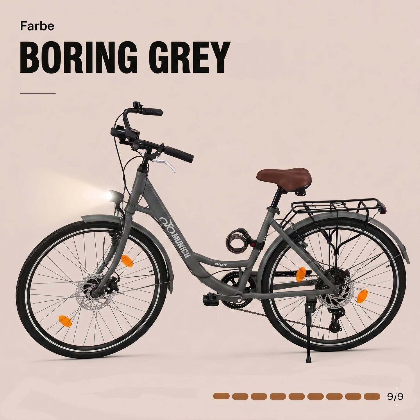 oToMUNICH Plus Boring Grey 28 Zoll Fahrrad, Shimano 7-Gang, City-Bike, Tiefeinsteiger mit Stahlrahmen, Nabendynamo 60 Lux LED Frontlicht, mit Tracker, Fahrradcomputer, Handyhalterung und Gepäckträger