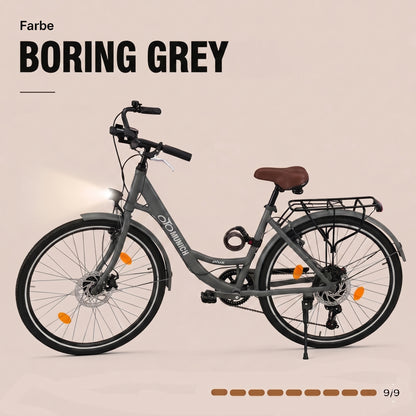 oToMUNICH Plus Boring Grey 28 Zoll Fahrrad, Shimano 7-Gang, City-Bike, Tiefeinsteiger mit Stahlrahmen, Nabendynamo 60 Lux LED Frontlicht, mit Tracker, Fahrradcomputer, Handyhalterung und Gepäckträger