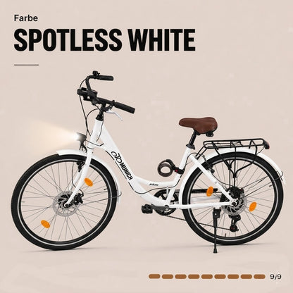 oToMUNICH Plus Spotless White 28 Zoll Fahrrad, Shimano 7-Gang City-Bike Tiefeinsteiger mit Stahlrahmen, Nabendynamo 60 Lux LED Frontlicht, mit Tracker, Fahrradcomputer, Handyhalterung und Gepäckträger