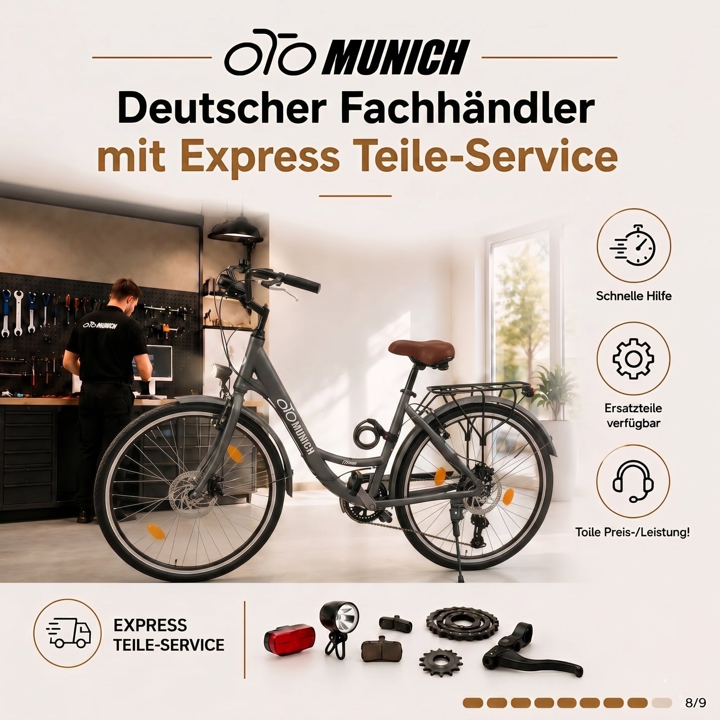 oToMUNICH Plus Boring Grey 28 Zoll Fahrrad, Shimano 7-Gang, City-Bike, Tiefeinsteiger mit Stahlrahmen, Nabendynamo 60 Lux LED Frontlicht, mit Tracker, Fahrradcomputer, Handyhalterung und Gepäckträger