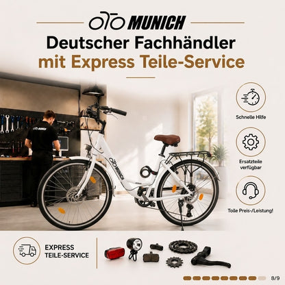 oToMUNICH Plus Spotless White 28 Zoll Fahrrad, Shimano 7-Gang City-Bike Tiefeinsteiger mit Stahlrahmen, Nabendynamo 60 Lux LED Frontlicht, mit Tracker, Fahrradcomputer, Handyhalterung und Gepäckträger