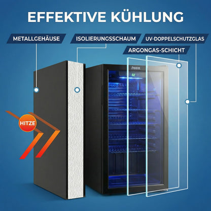 Freeze. 90L Getränkekühlschrank, Mini-Kühlschrank für 126 Dosen, Glastürkühlschrank, Weinkühler, kleiner Kühlschrank mit Glastür und verstellbaren Regalen für Zuhause/Bar/Büro, frostfrei, Schwarz