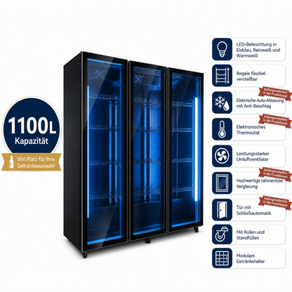 FREEZE. OneTwoFifty A Getränkekühlschrank mit Glastür & LED-Beleuchtung - Flaschenkühlschrank mit 1100L Kapazität, Aluminiumrahmen, Bierkühlschrank, Auto-Abtauung, 4 bis +10 °C