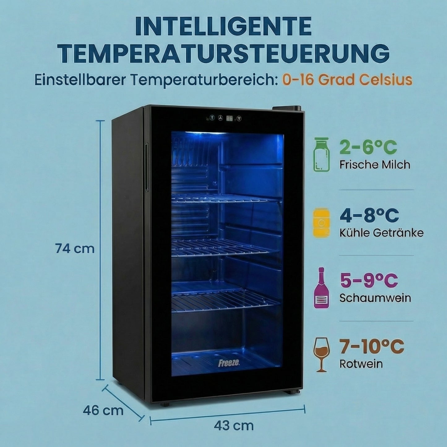Freeze. 70L Getränkekühlschrank, Mini-Kühlschrank für 126 Dosen, Glastürkühlschrank, Weinkühler, kleiner Kühlschrank mit Glastür und verstellbaren Regalen für Zuhause/Bar/Büro, frostfrei, Schwarz