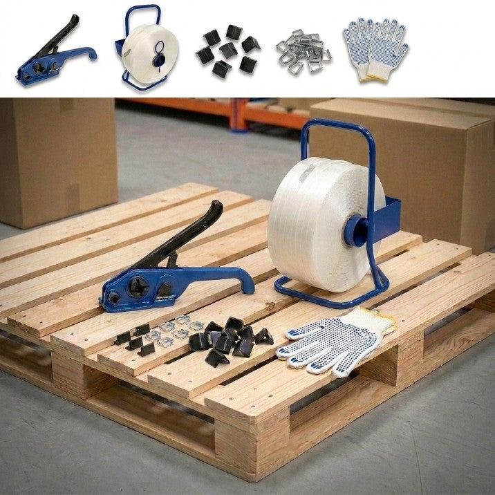 Umreifungsset 16 mm komplett mit Abroller, Bandspanner, 850 m Polyesterband, Handschuhe, 500 Klemmen & 100 Kantenschutzecken – Verpackungsset für Paletten, Versand & Lager