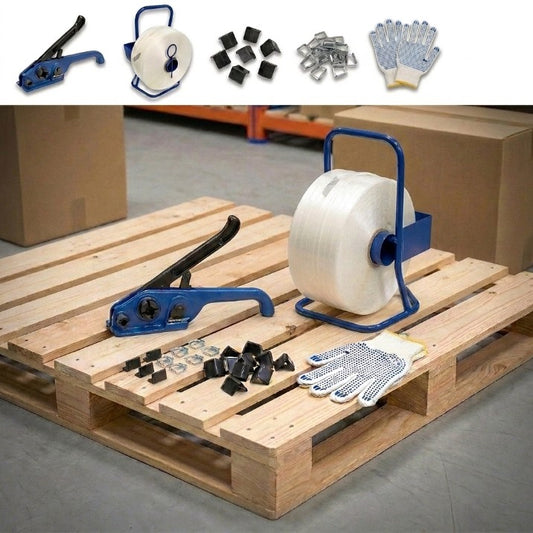 Umreifungsset 16 mm komplett mit Abroller, Bandspanner, 850 m Polyesterband, Handschuhe, 500 Klemmen & 100 Kantenschutzecken – Verpackungsset für Paletten, Versand & Lager