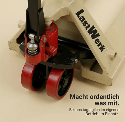 LastWerk One Hubwagen 2500 kg und 1150 mm Gabellänge PU-Rollen Handhubwagen Palettenwagen Gabelhubwagen aus Stahl, Polyurethan