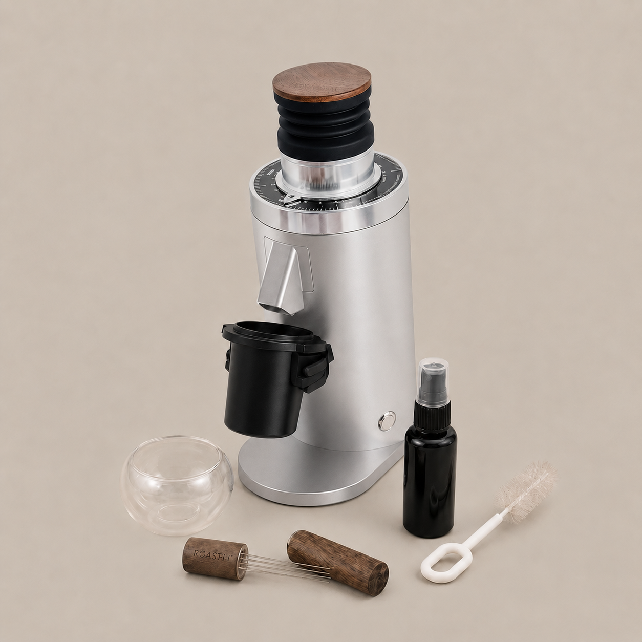ROASTLY DF64 Kaffeemühle Gen 2 II V2.5, Berühmtes White Label, Elektrische Einzeldosis-Kaffeemühle, Nahezu Retentionsfrei (Silber)