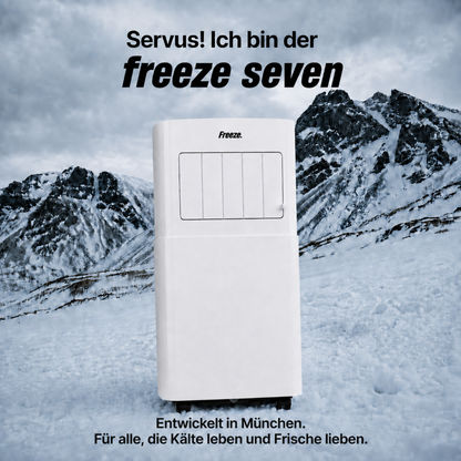 Freeze Mobile Klimaanlage Weiß – Monoblock-Klimagerät mit LED-Display & Fernbedienung, Timer und Sleep‑Modus, verstellbarer Luftauslass, Kindersicherung, Rollen, inkl. Abluftschlauch & Fensterkit