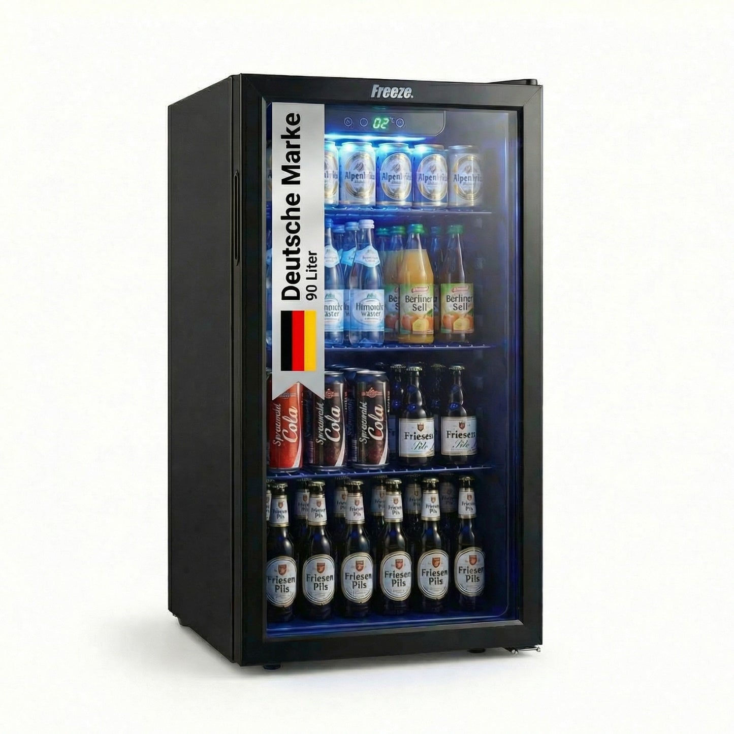 Freeze. 90L Getränkekühlschrank, Mini-Kühlschrank für 126 Dosen, Glastürkühlschrank, Weinkühler, kleiner Kühlschrank mit Glastür und verstellbaren Regalen für Zuhause/Bar/Büro, frostfrei, Schwarz