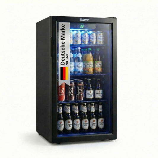 Freeze. 90L Getränkekühlschrank, Mini-Kühlschrank für 126 Dosen, Glastürkühlschrank, Weinkühler, kleiner Kühlschrank mit Glastür und verstellbaren Regalen für Zuhause/Bar/Büro, frostfrei, Schwarz