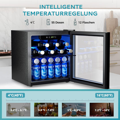 Getränkekühlschrank, Mini Kühlschrank mit Glastür, Bierkühler, Tisch-Getränkekühlschrank für 55 Dosen, Schwarz Freistehender Kühlschrank mit LED, 43dB, für Büro, Zimmer, Bar, 36L, Geräuscharm