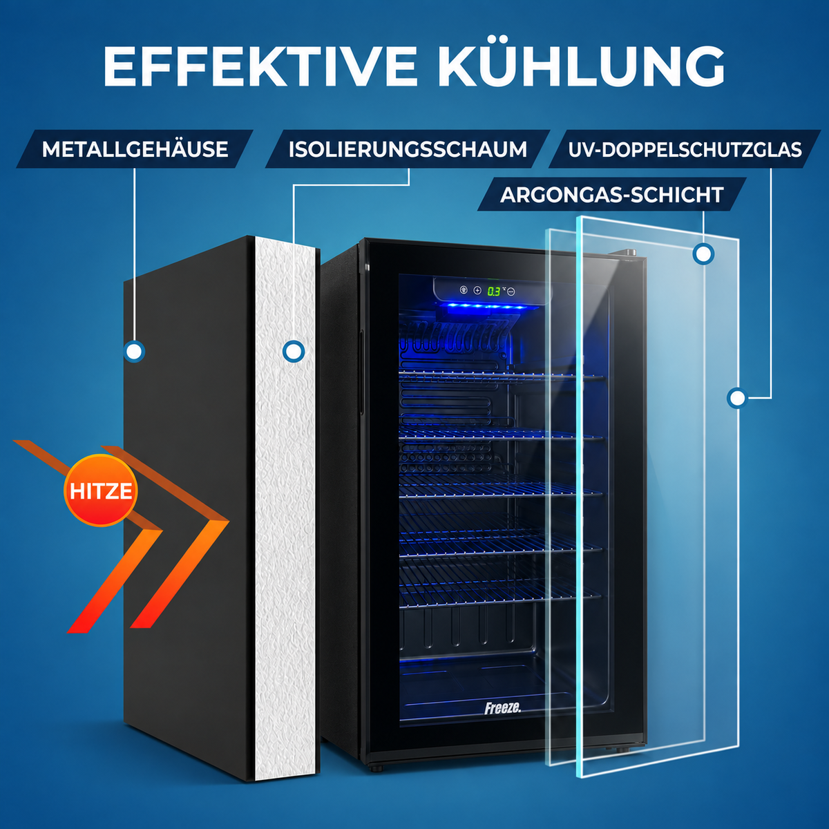 Freeze. NinetyB+ 90L Getränkekühlschrank mit Vollglas-Tür, Mini Kühlschrank für 126 Dosen mit verstellbaren Regalen, Weinkühler für Zuhause, Bar & Büro, Schwarz
