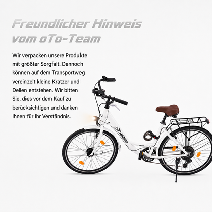 oToMUNICH Plus Spotless White 28 Zoll Fahrrad, Shimano 7-Gang City-Bike Tiefeinsteiger mit Stahlrahmen, Nabendynamo 60 Lux LED Frontlicht, mit Tracker, Fahrradcomputer, Handyhalterung und Gepäckträger