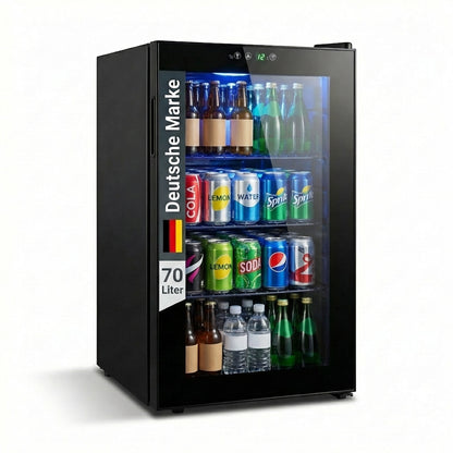 Freeze. 70L Getränkekühlschrank, Mini-Kühlschrank für 126 Dosen, Glastürkühlschrank, Weinkühler, kleiner Kühlschrank mit Glastür und verstellbaren Regalen für Zuhause/Bar/Büro, frostfrei, Schwarz