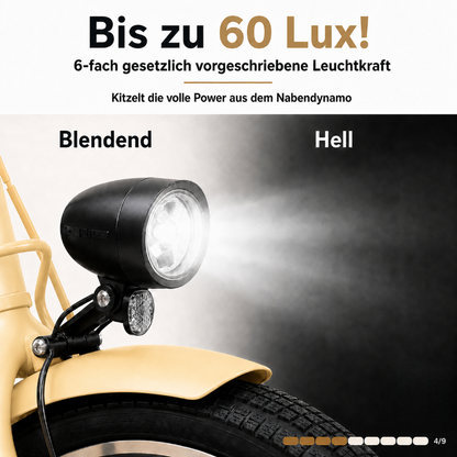 oToMUNICH Plus Sunset Beige 28 Zoll Fahrrad, Shimano 7-Gang, City-Bike, Tiefeinsteiger mit Stahlrahmen, Nabendynamo 60 Lux LED Frontlicht, mit Tracker, Fahrradcomputer, Handyhalterung und Gepäckträger