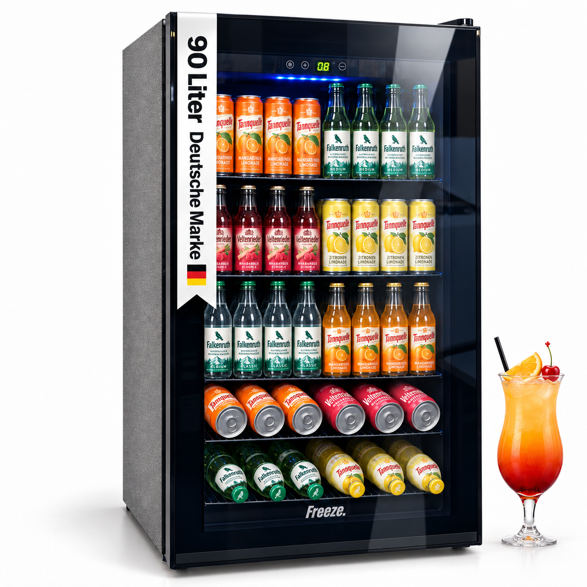 Freeze. NinetyB+ 90L Getränkekühlschrank mit Vollglas-Tür, Mini Kühlschrank für 126 Dosen mit verstellbaren Regalen, Weinkühler für Zuhause, Bar & Büro, Schwarz