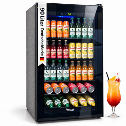 Freeze. NinetyB+ 90L Getränkekühlschrank mit Vollglas-Tür, Mini Kühlschrank für 126 Dosen mit verstellbaren Regalen, Weinkühler für Zuhause, Bar & Büro, Schwarz