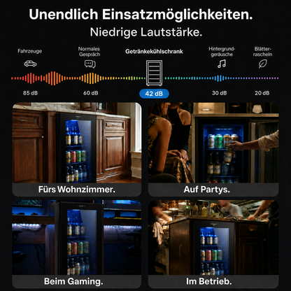 Freeze. NinetyB+ 90L Getränkekühlschrank mit Vollglas-Tür, Mini Kühlschrank für 126 Dosen mit verstellbaren Regalen, Weinkühler für Zuhause, Bar & Büro, Schwarz