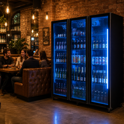 FREEZE. OneTwoFifty A Getränkekühlschrank mit Glastür & LED-Beleuchtung - Flaschenkühlschrank mit 1100L Kapazität, Aluminiumrahmen, Bierkühlschrank, Auto-Abtauung, 4 bis +10 °C