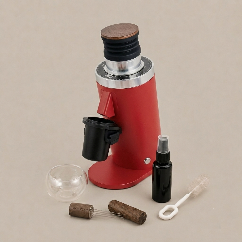 ROASTLY DF64 Kaffeemühle Gen 2 II V2.5, Berühmtes White Label, Elektrische Einzeldosis-Kaffeemühle, Nahezu Retentionsfrei (Rot)